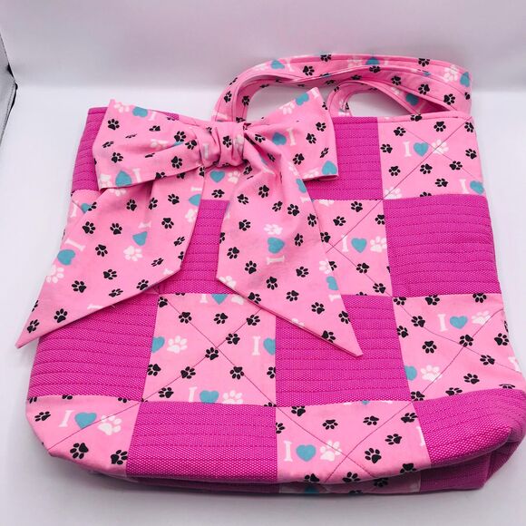 Handmade Tote Bag: Puppy Love Handbag Pink, Teal, Animal Lover Large Bow - Picture 9 of 11